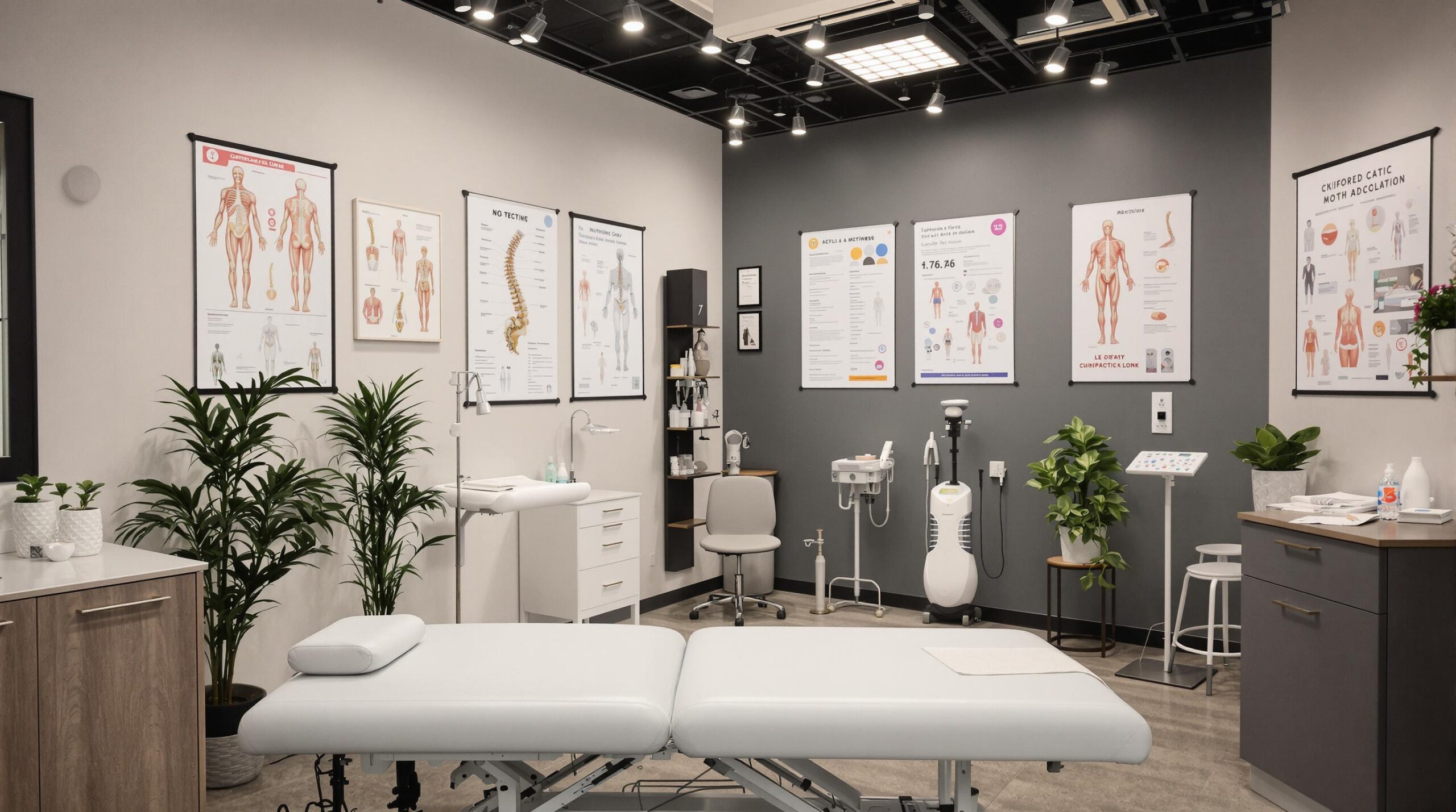 Well-lit chiropractic clinic interior with a treatment table, anatomical posters, and potted plants for a welcoming atmosphere.