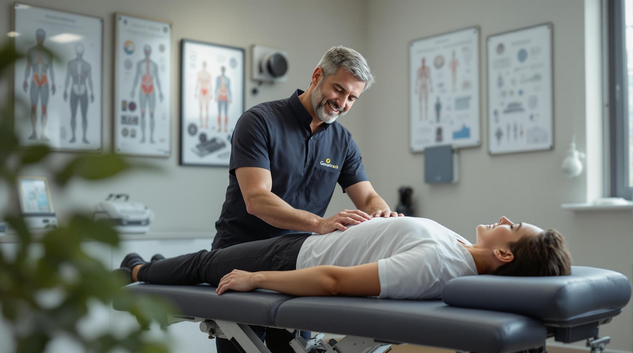 A Gonstead chiropractor performing an adjustment on a patient lying on a treatment table in a modern clinic.