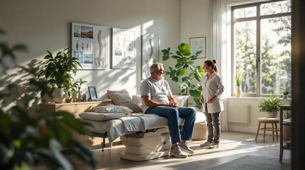 A bright and welcoming clinic where a specialist discusses treatment options with a patient, ideal for those searching for a chiropractor near me.