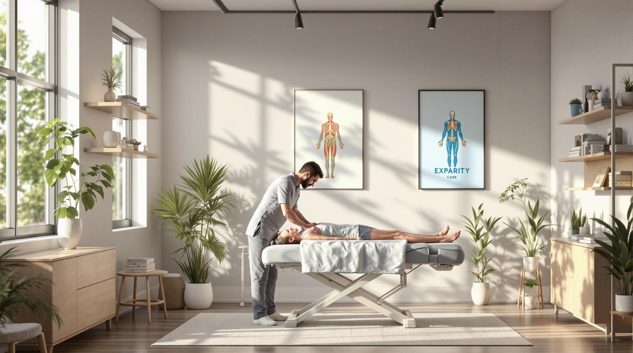 A chiropractor in Birmingham performing a spinal adjustment on a patient lying on a treatment table in a modern, well-lit clinic with natural light, indoor plants, and anatomical posters on the walls.