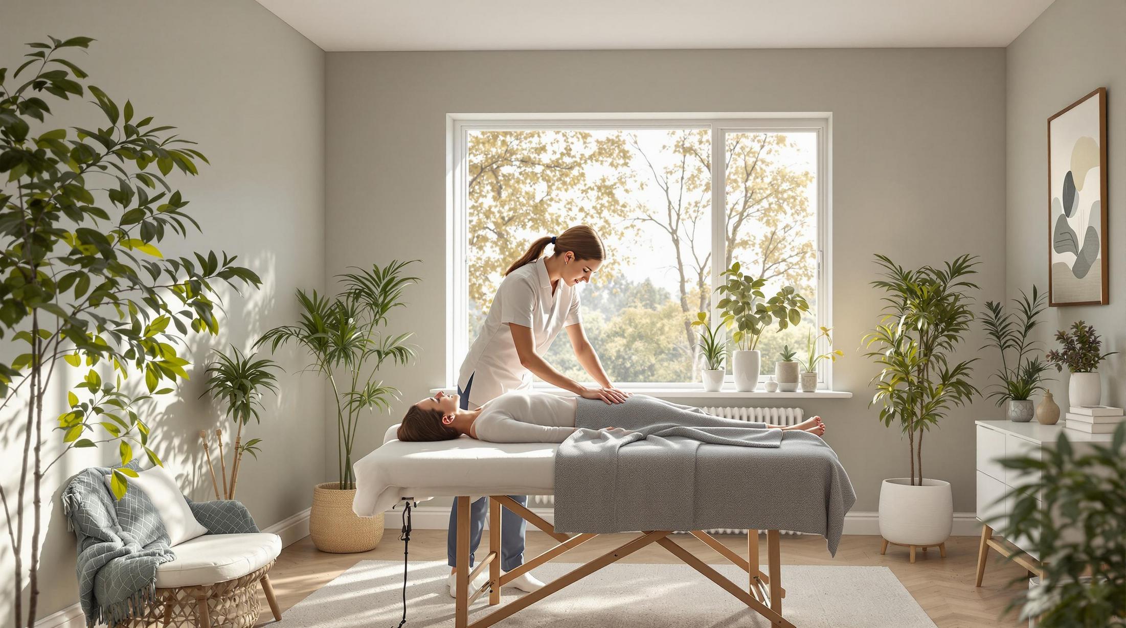 A chiropractor in Sutton Coldfield performing a treatment on a patient lying on a therapy table in a serene, plant-filled clinic.