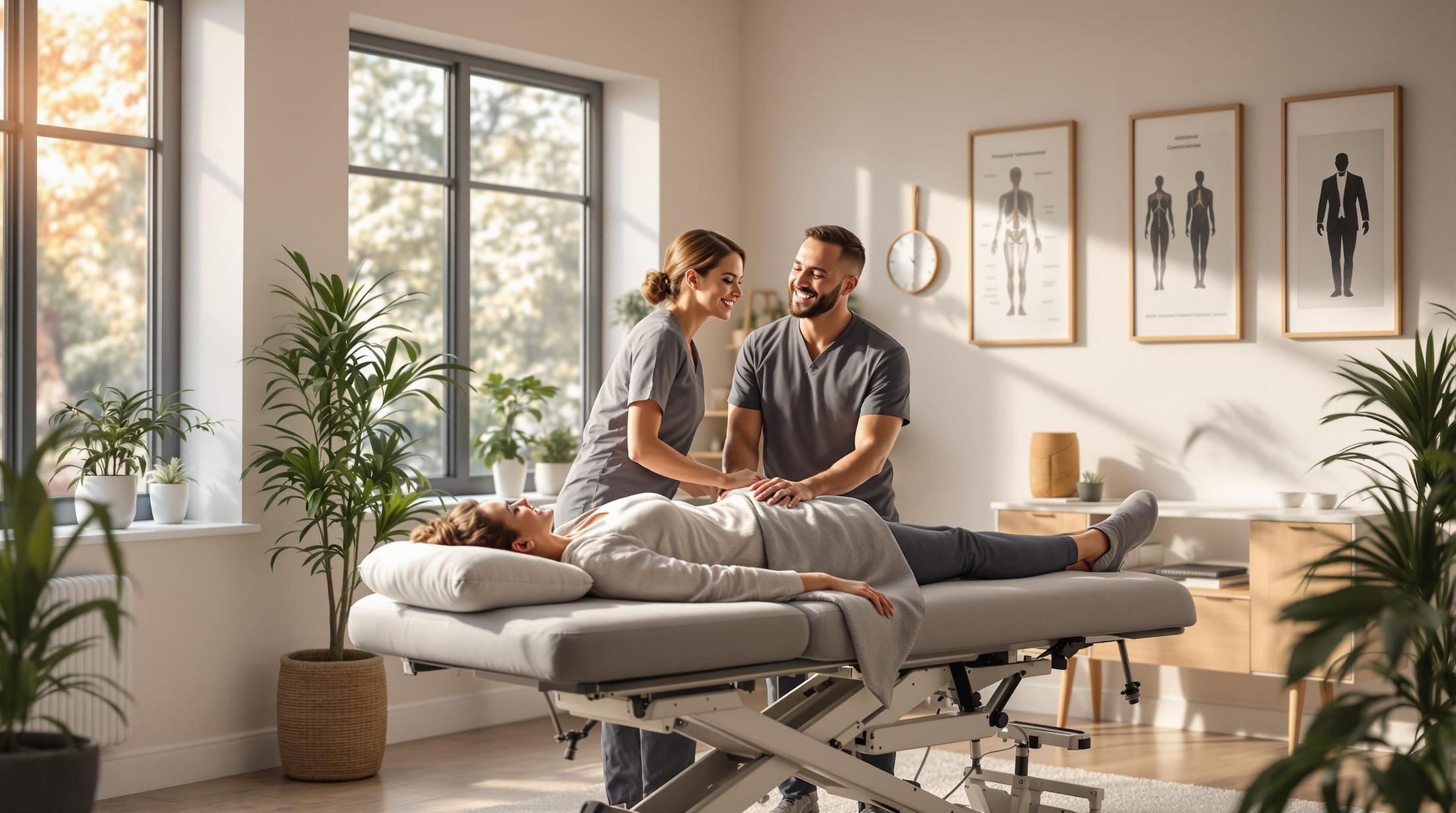 A chiropractor in Walsall performing a treatment on a patient lying on a modern adjustable therapy table.