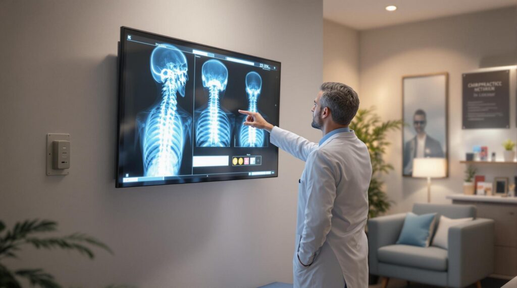 A chiropractor in a white coat analyzing spinal X-rays on a large screen in a modern