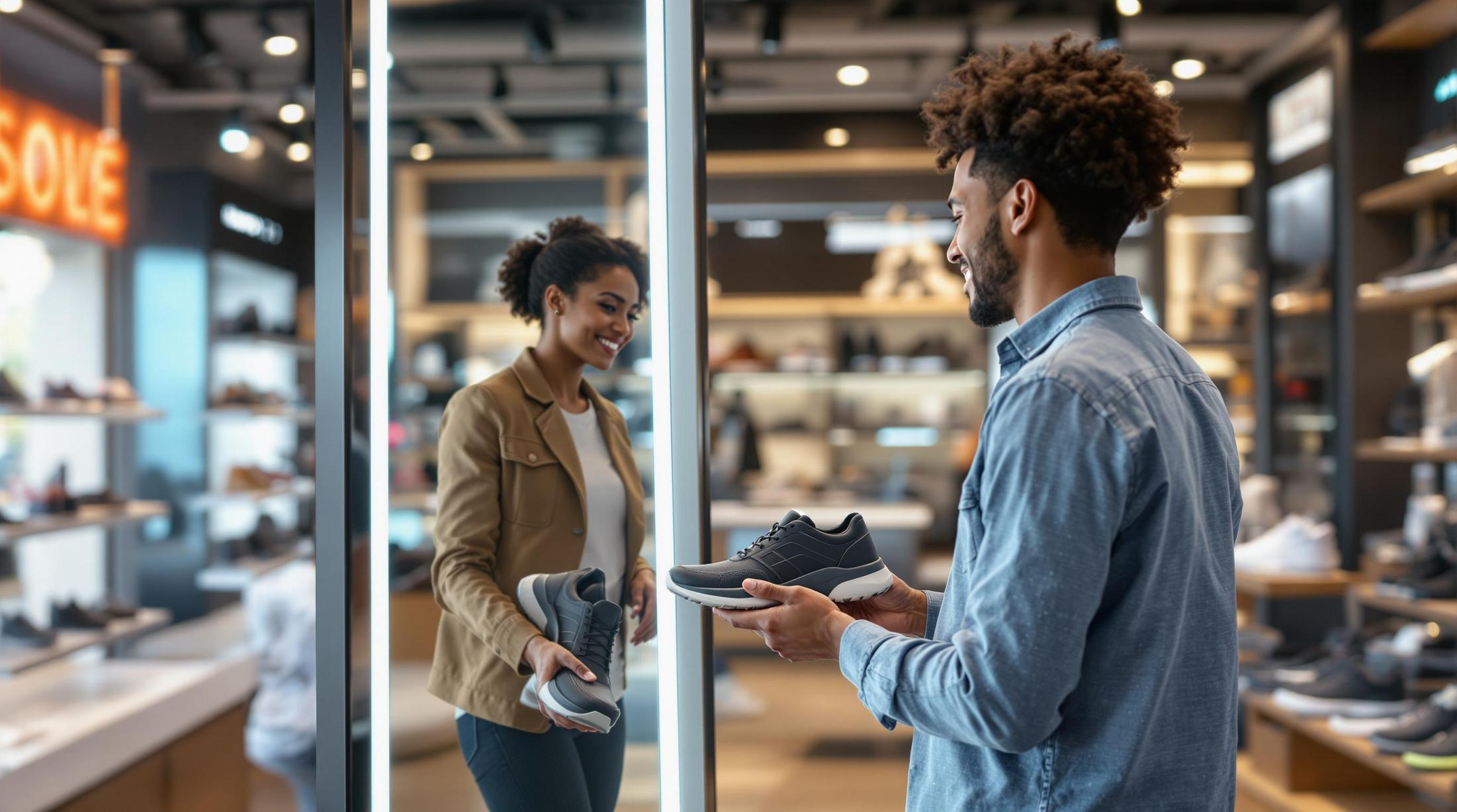 A couple shopping for comfortable and supportive footwear, ensuring they choose the best shoes for feet and posture for long-term health and comfort.
