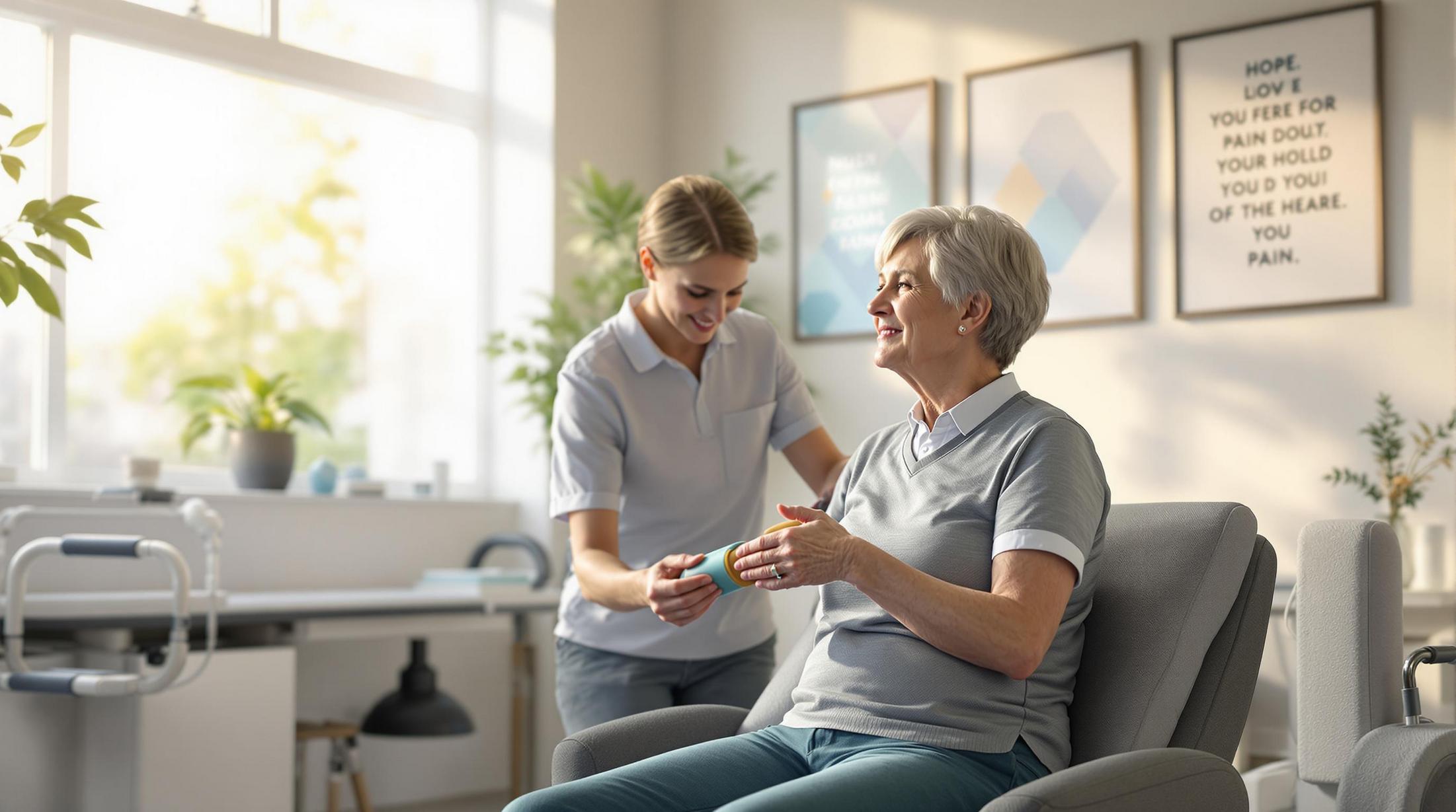 A healthcare professional assisting an elderly woman with shoulder exercises in a well-lit, modern clinic.