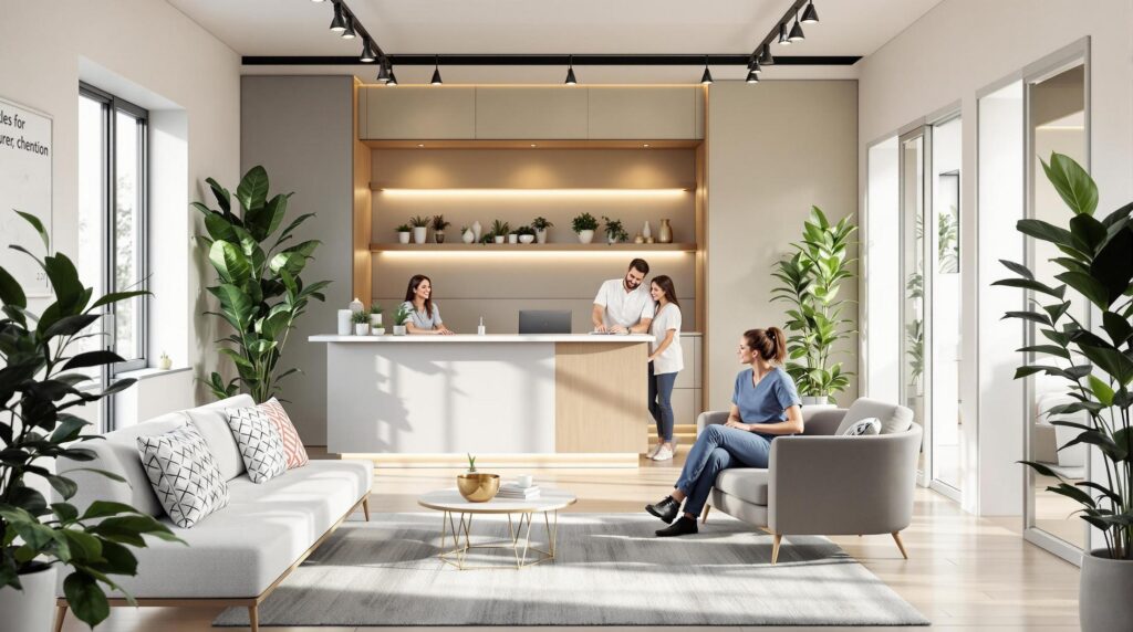 A modern Birmingham chiropractic clinic with a spacious waiting area featuring stylish furniture, indoor plants, and warm lighting.
