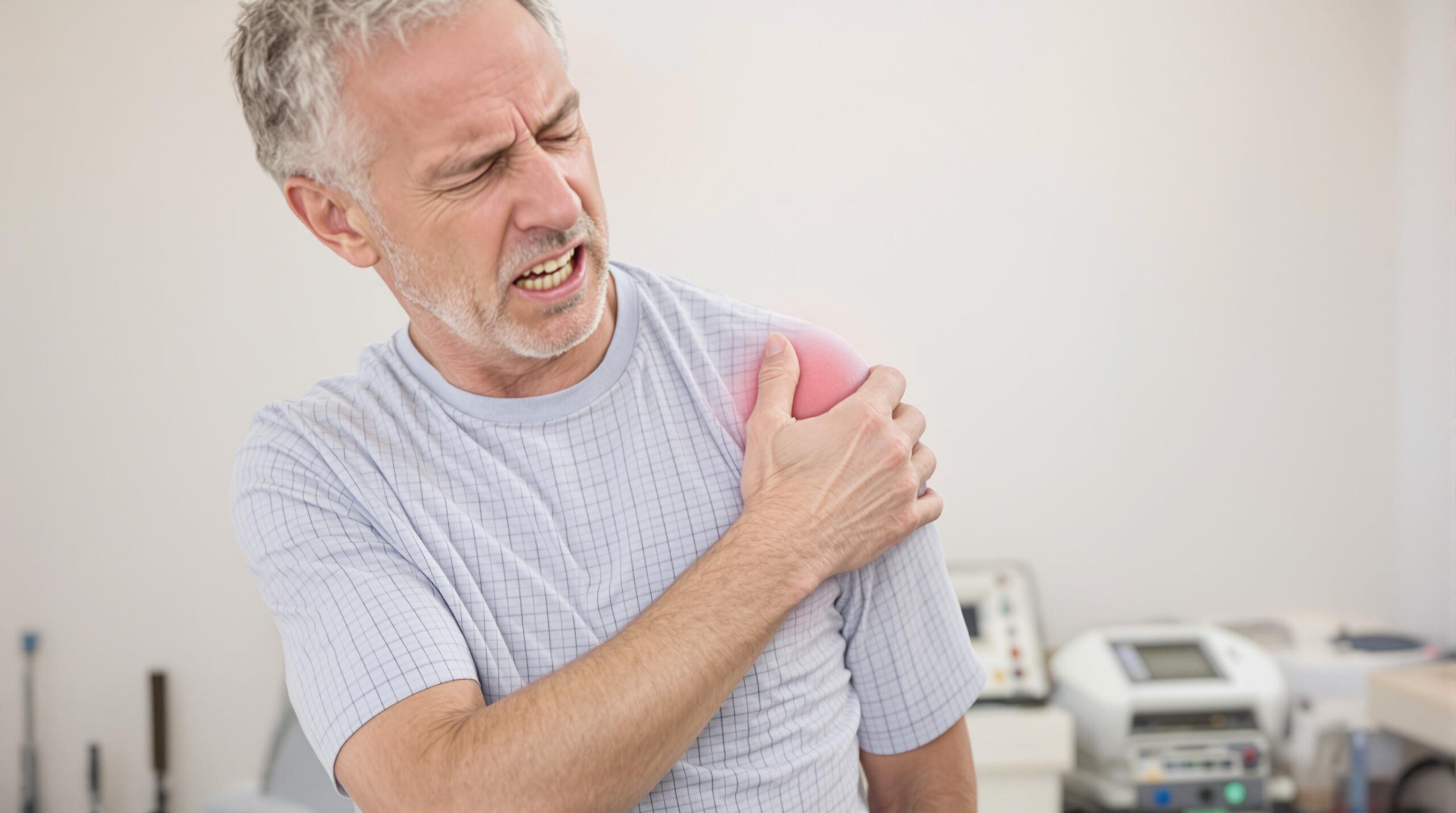 An elderly man experiencing frozen shoulder, struggling with pain and restricted movement in daily activities.