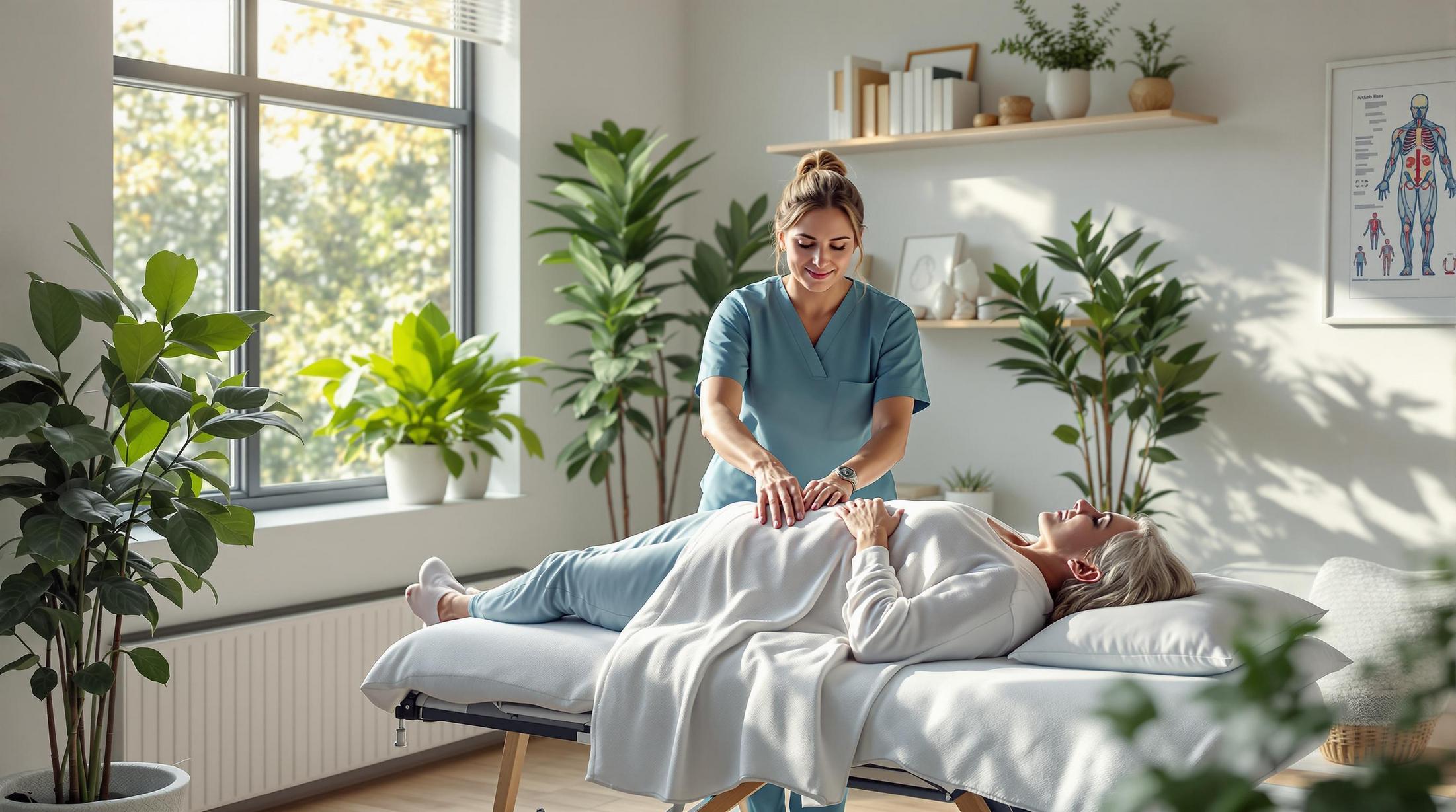 An osteopath in Birmingham providing treatment to a patient lying on a therapy table in a bright, modern clinic.