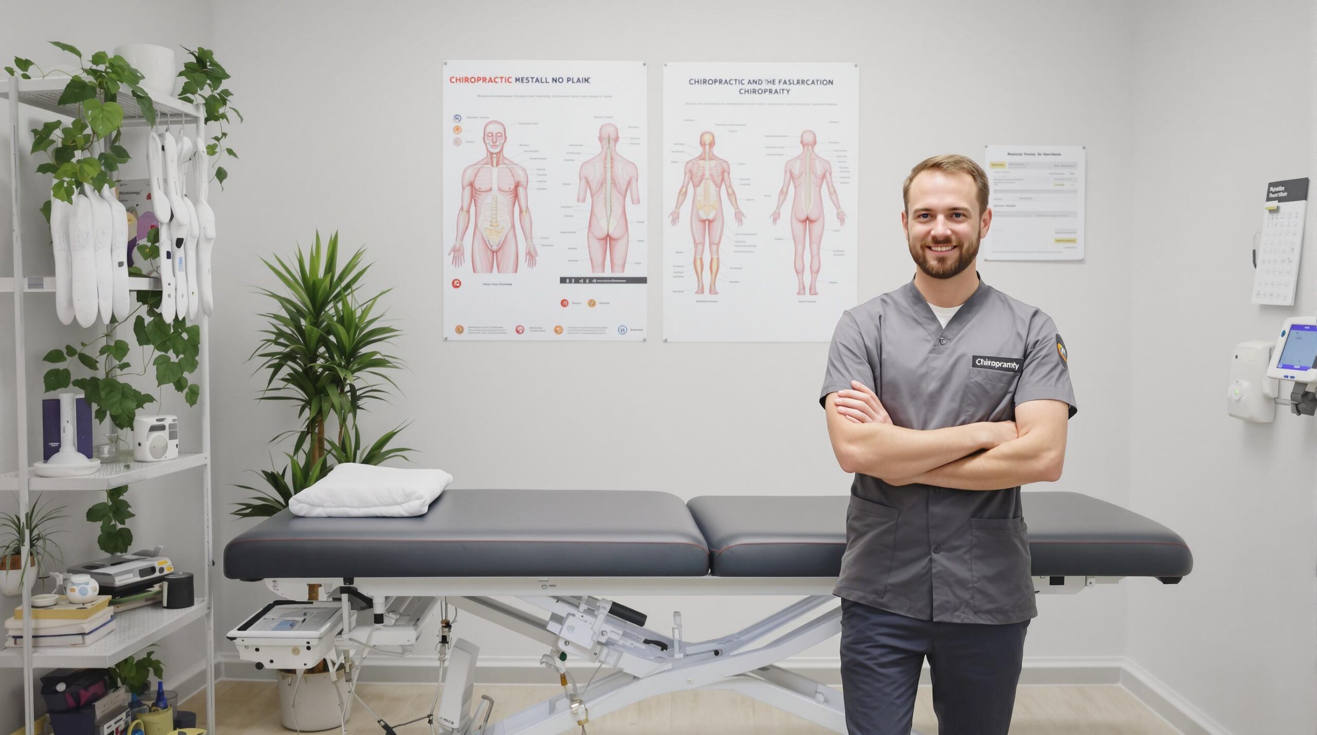 Chiropractor in a grey uniform standing confidently in a well-organized treatment room with medical charts and therapy equipment.