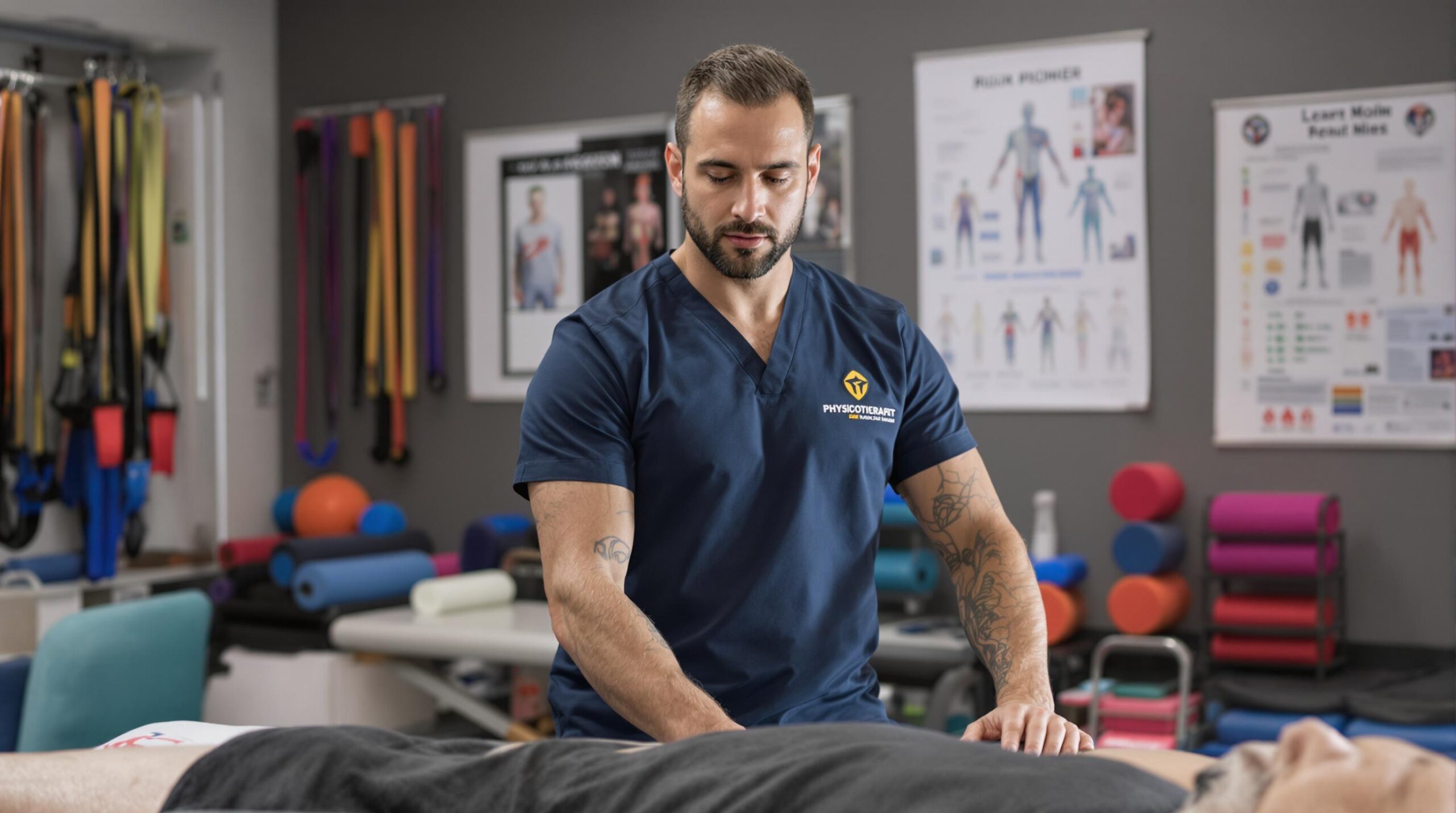 Professional physiotherapist in navy scrubs providing treatment to a patient in a well-equipped therapy room.