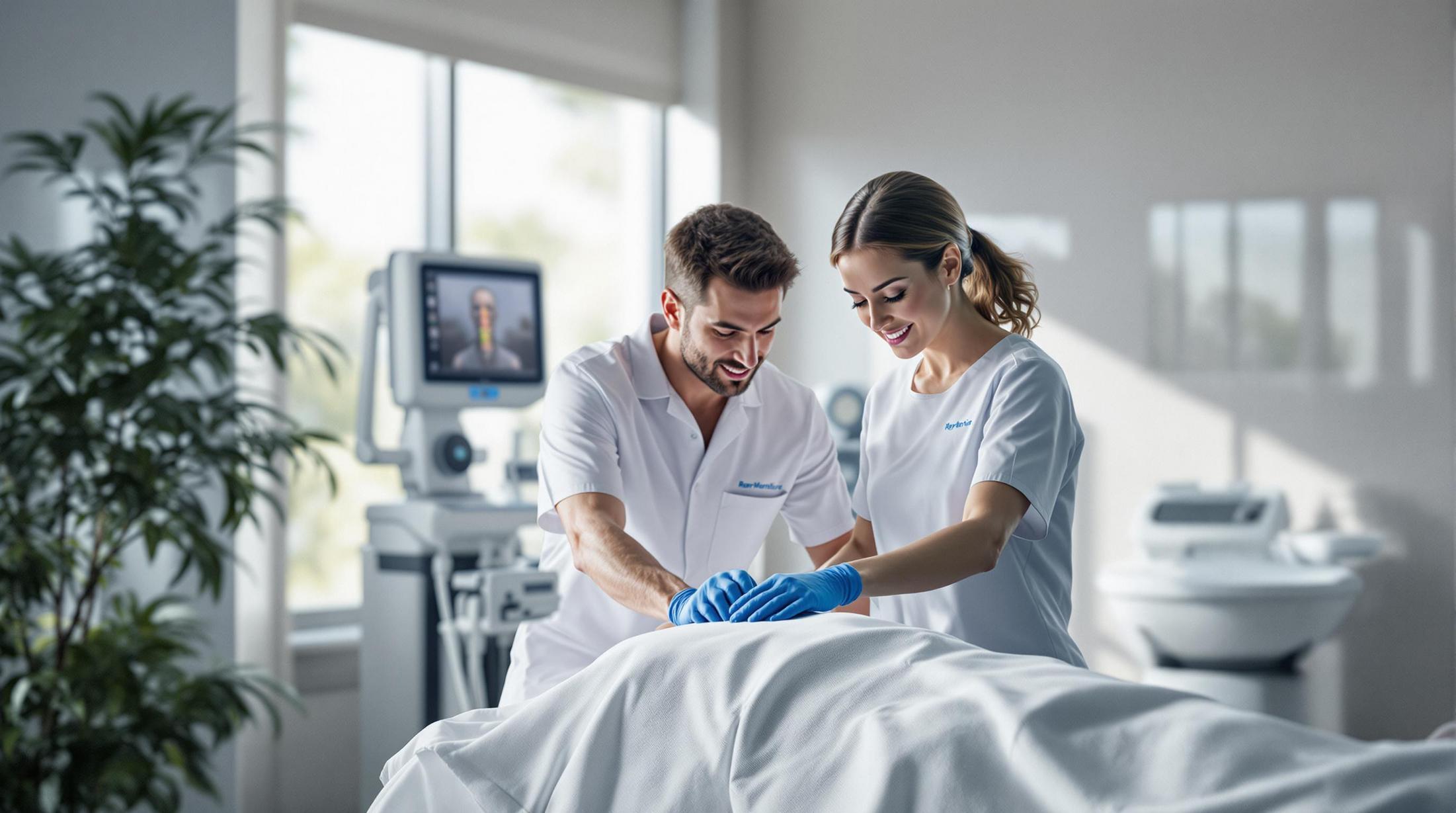 Two healthcare professionals in white uniforms performing an advanced biostructural correction (ABC) treatment on a patient