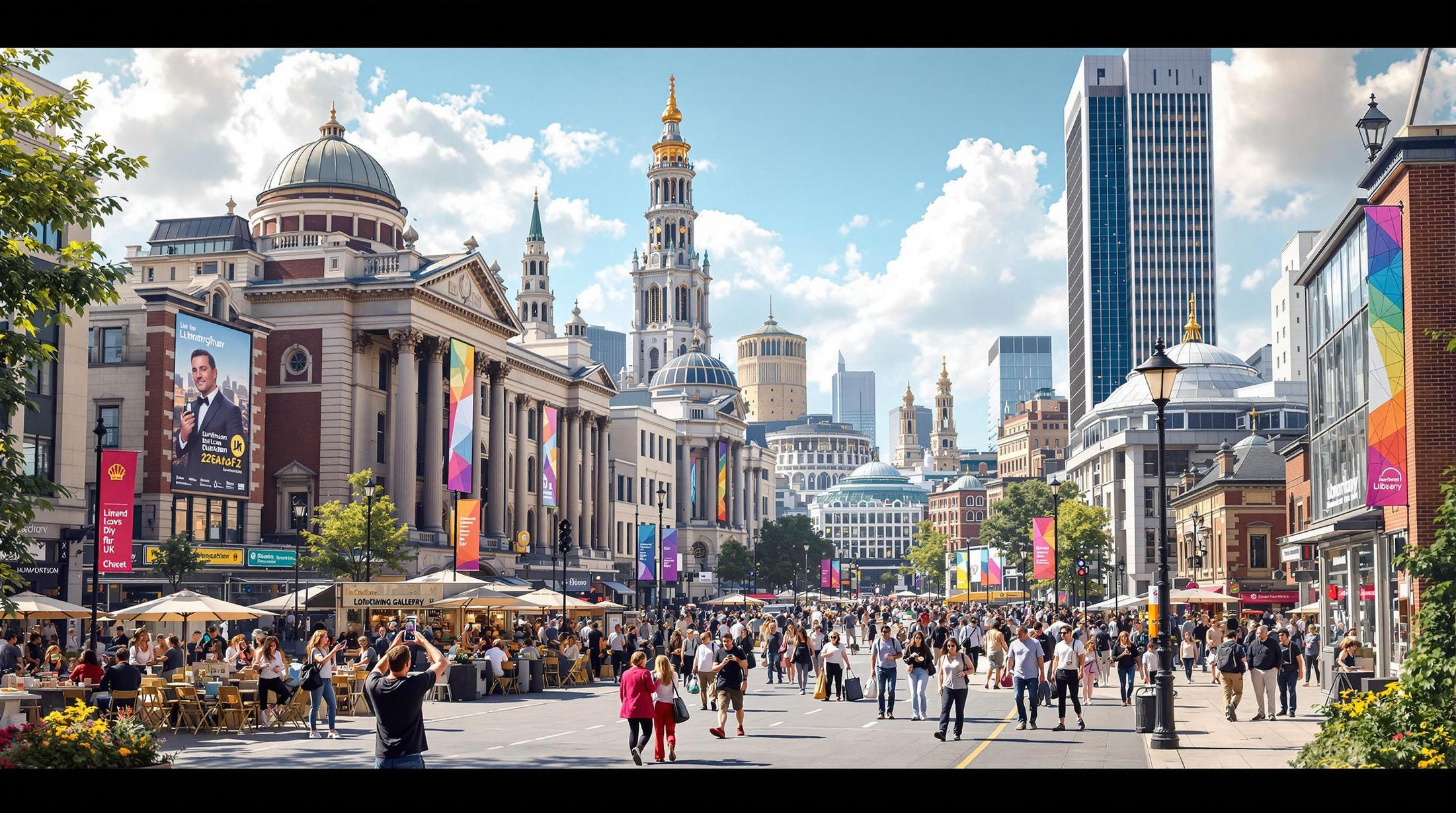 A vibrant cityscape with historic architecture, modern skyscrapers, and a bustling crowd enjoying an outdoor event, creating a lively urban atmosphere.