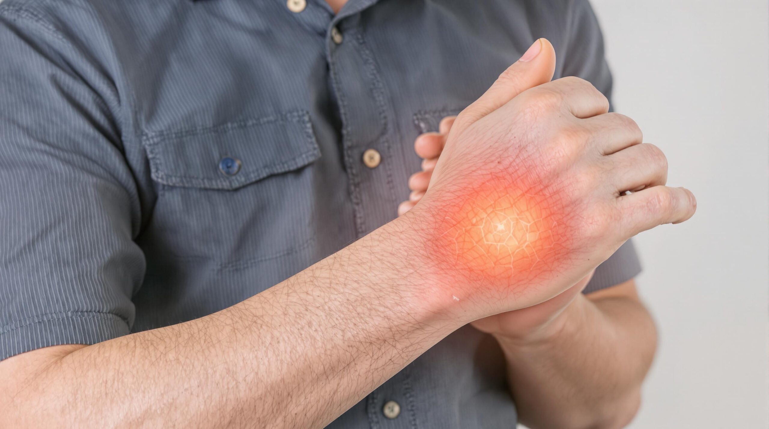 Man holding his wrist with a red glowing area indicating pain, a common symptom of carpal tunnel syndrome, requiring treatment and relief.