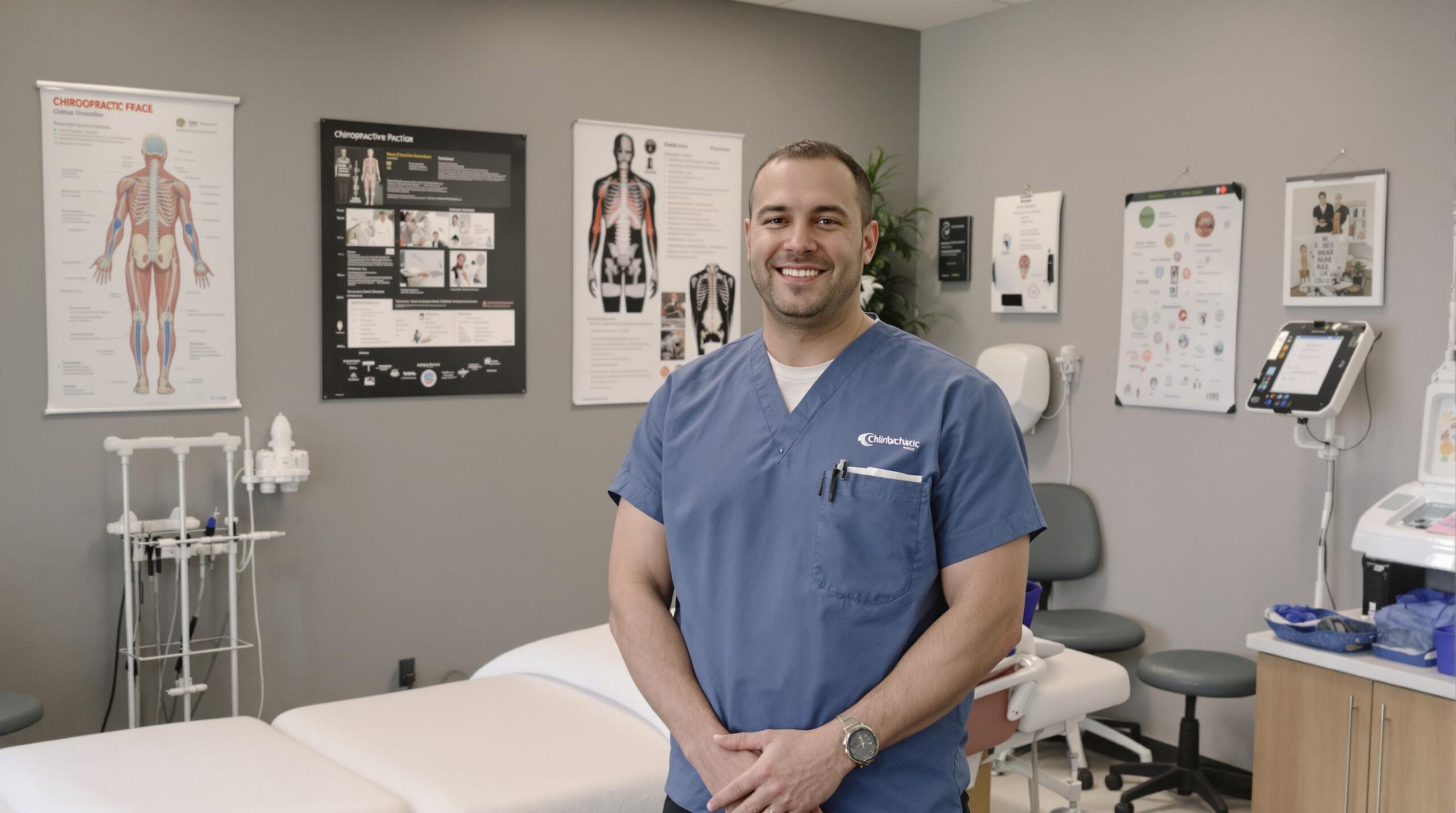 Smiling chiropractor in blue scrubs standing in a modern chiropractic clinic with anatomical charts and treatment equipment in the background.