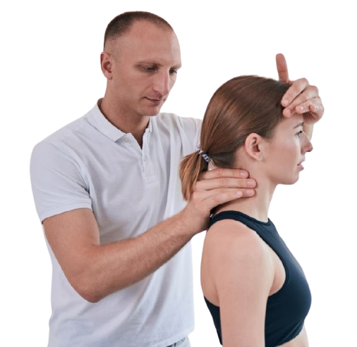 A chiropractor in a white polo shirt performing a neck posture assessment on a female patient wearing a black sports top.
