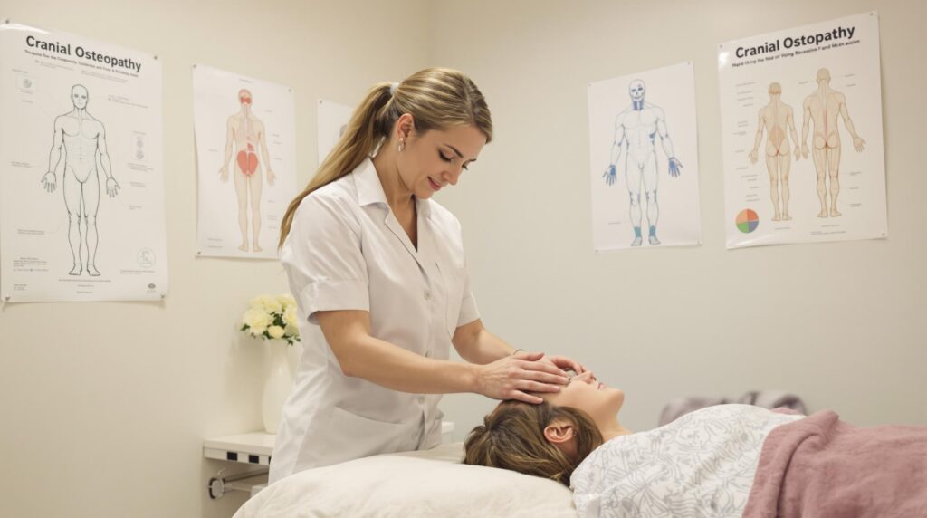 A female practitioner performing cranial osteopathy on a patient lying on a treatment table. Cranial osteopathy is a gentle, hands-on therapy that focuses on relieving tension and improving overall well-being by manipulating the skull and surrounding tissues.