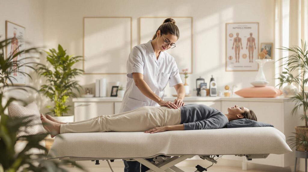 Chiropractor performing Advanced BioStructural Correction (ABC) on a patient lying on a therapy table in a bright medical office.
