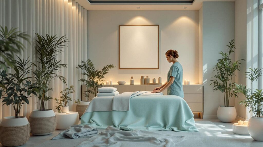 Serene spa massage room with soft lighting, lush greenery, and a therapist preparing a treatment table for a relaxation session.