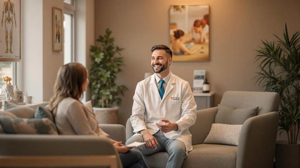 Smiling chiropractor in a white coat having a friendly consultation with a patient in a modern, well-lit clinic with comfortable seating and decor.