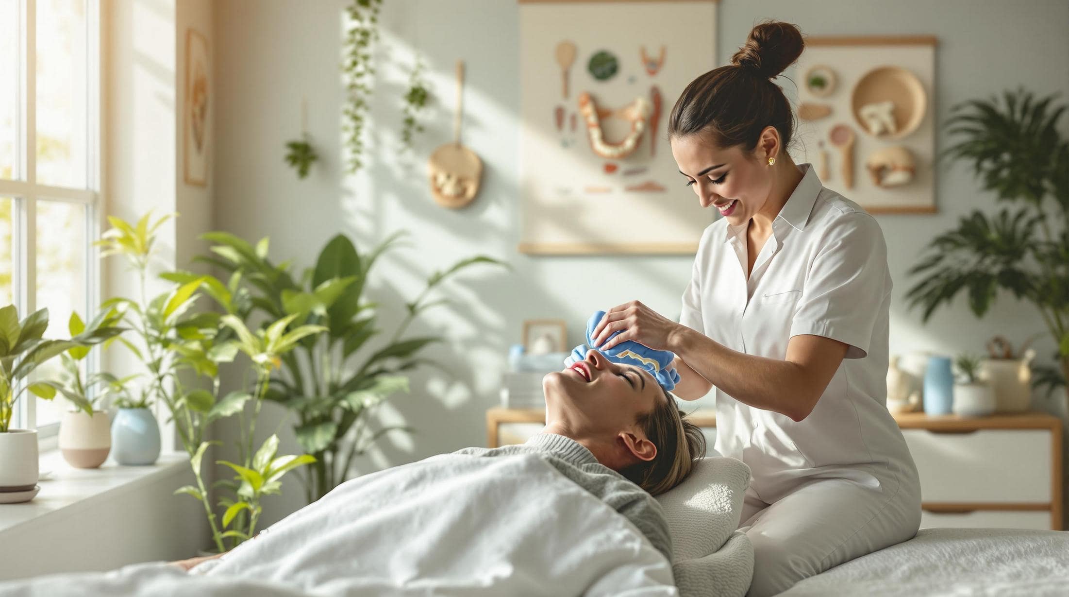 Smiling therapist applying a cooling facial mask to a patient in a bright, nature-inspired wellness clinic with indoor plants.