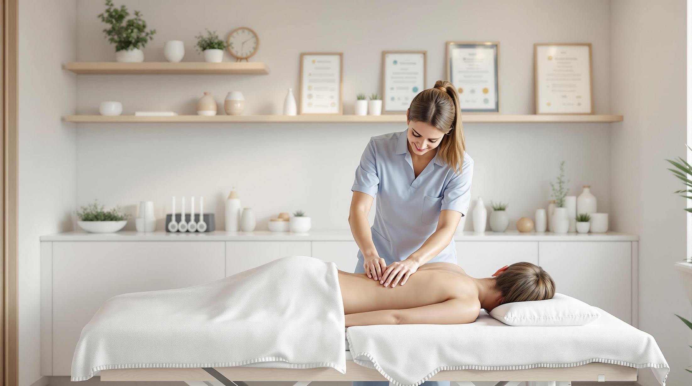 Smiling therapist performing a relaxing back massage on a client in a serene wellness clinic with soft lighting and minimalist decor.