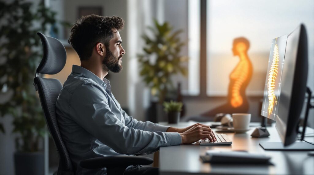 Man sitting at a desk with a glowing digital spine overlay, illustrating the effects of postural imbalances on chronic pain.