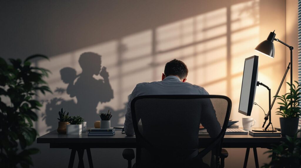 Man sitting at a desk with slouched posture, shadow on wall depicting a healthier stance, symbolizing the hidden effects of poor posture on health.