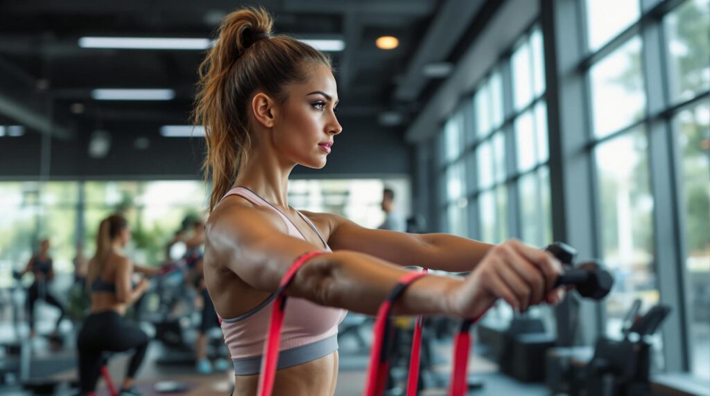 Focused woman in a gym using resistance bands, emphasizing why stretching alone is not enough for proper posture correction.