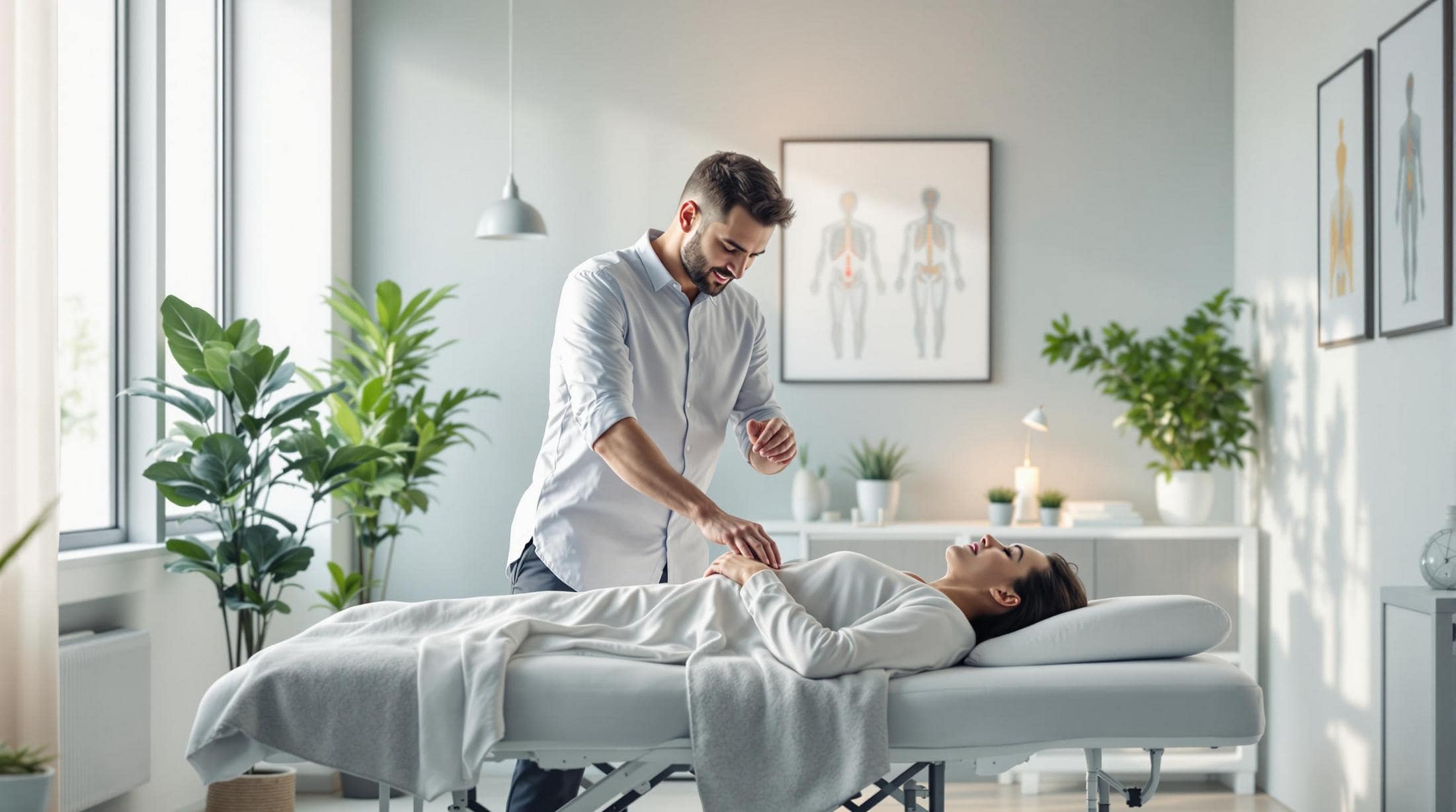 Holistic therapist performing an energy healing session on a patient in a calming, well-lit clinic with soothing decor and greenery.