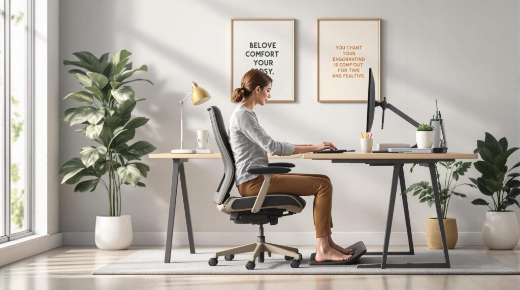 Woman maintaining good posture while working at an ergonomic desk setup in a bright and modern home office with indoor plants.