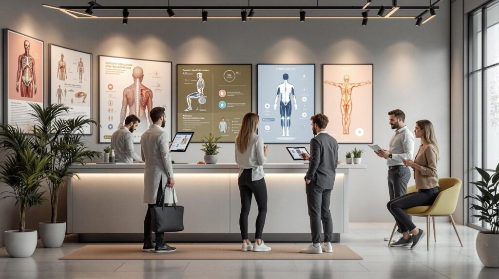 Medical professionals discussing posture correction techniques in a modern clinic, showcasing the difference between traditional chiropractic and osteopathic care.