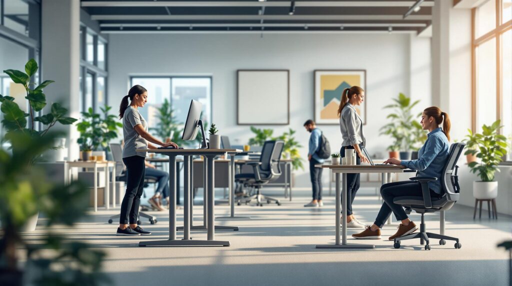 Modern office with employees using standing and ergonomic chairs, showcasing ways to prevent postural damage caused by desk jobs.