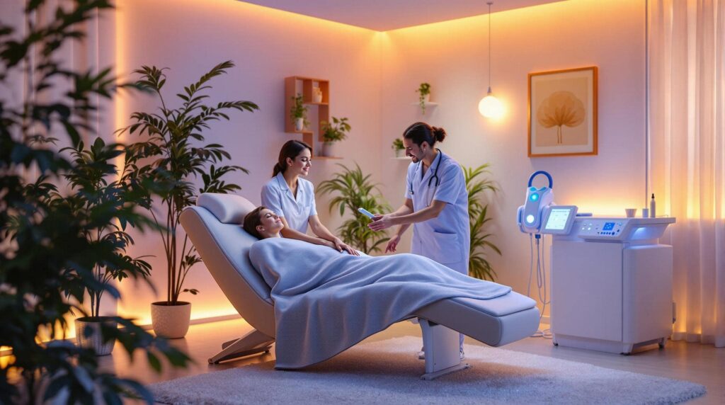 Two healthcare professionals attending to a relaxed patient in a reclining chair during an advanced wellness therapy session in a softly lit, modern clinic with ambient lighting and plants.