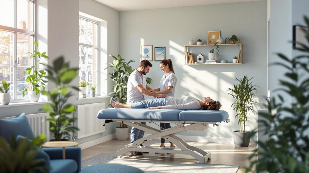 Two healthcare practitioners performing a holistic therapy session on a patient lying on a treatment table in a bright, modern clinic with natural light and indoor plants.