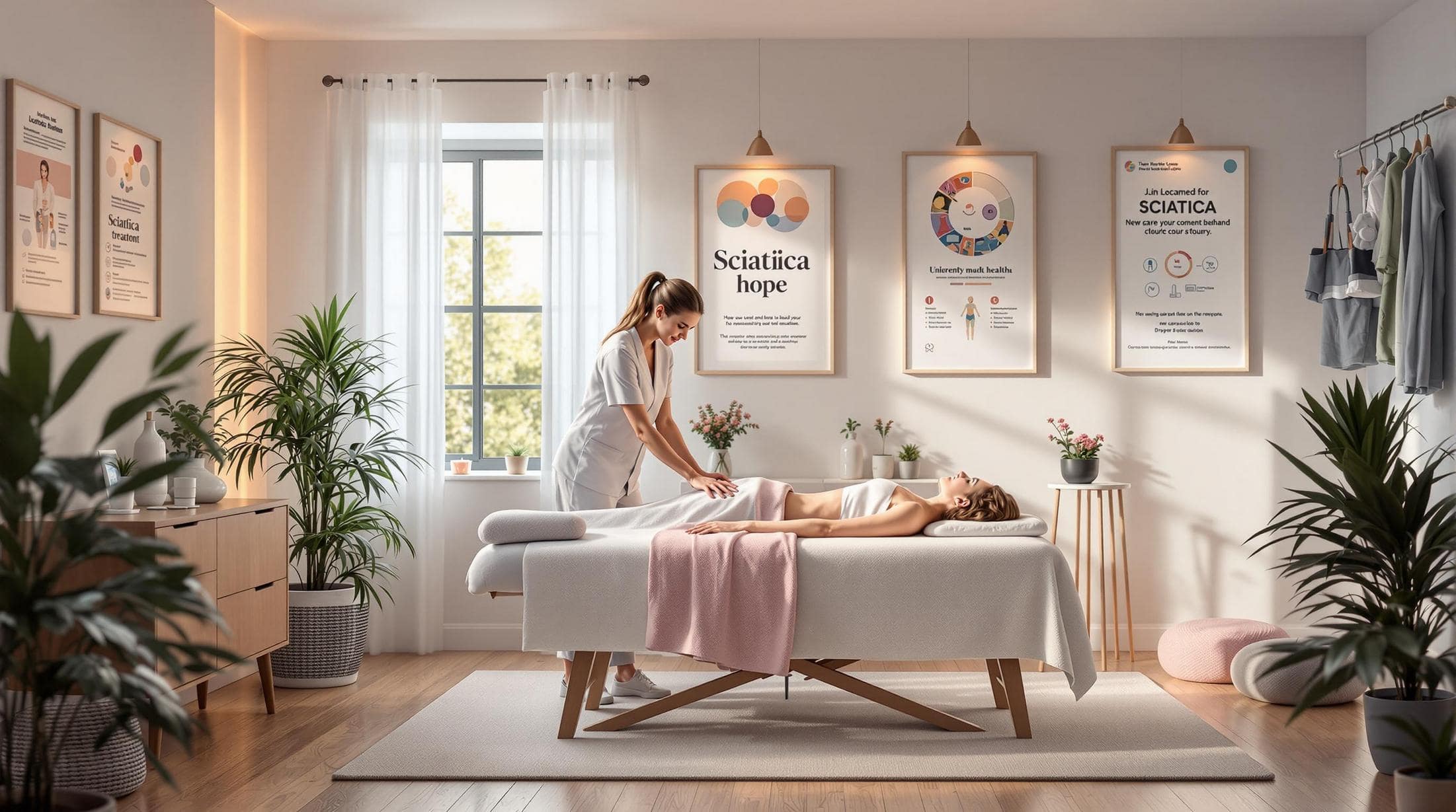 Professional therapist performing a massage therapy session on a patient in a bright and modern wellness clinic with natural light and calming decor.