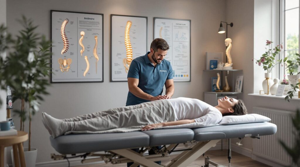 Chiropractor performing a spinal adjustment on a patient lying on a treatment table in a modern clinic with anatomy charts and spine models.