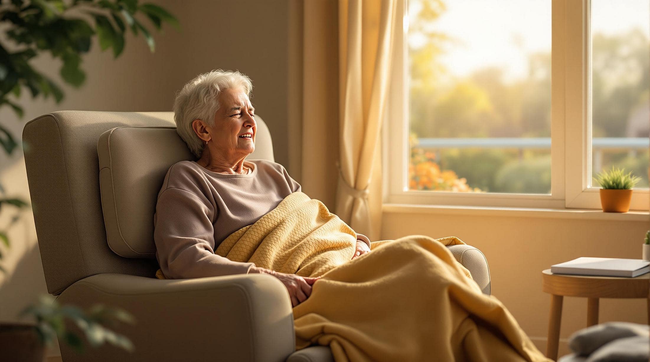 Smiling elderly woman wrapped in a cozy yellow blanket, enjoying a peaceful moment in a comfortable chair by a sunlit window.