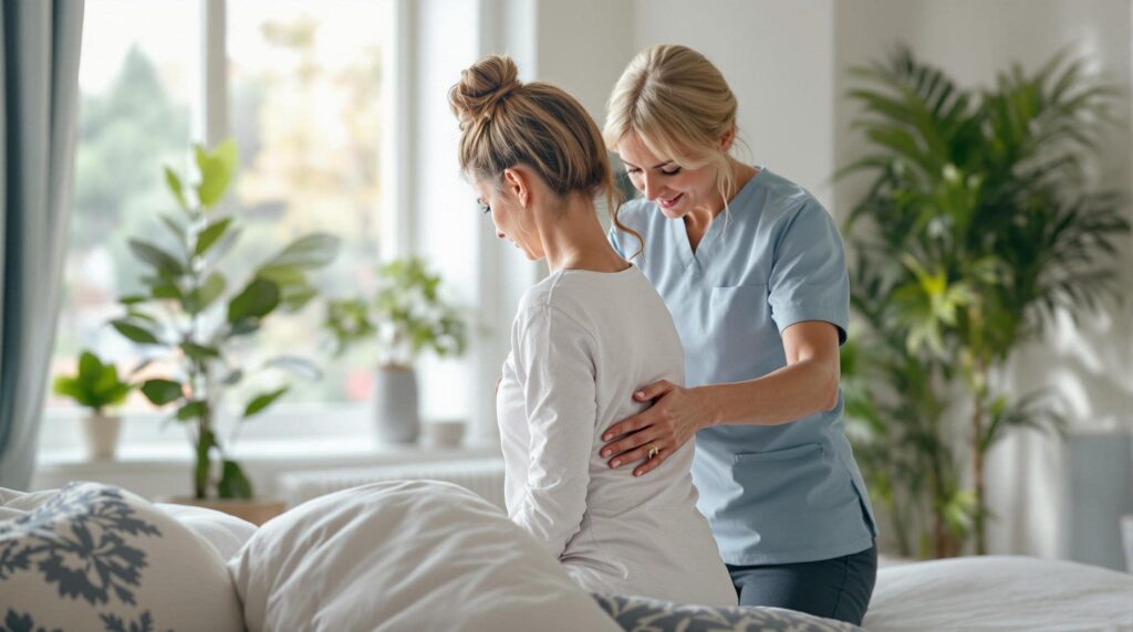 Compassionate therapist assisting a patient with posture and back support during a physical therapy session in a bright and cozy home setting.
