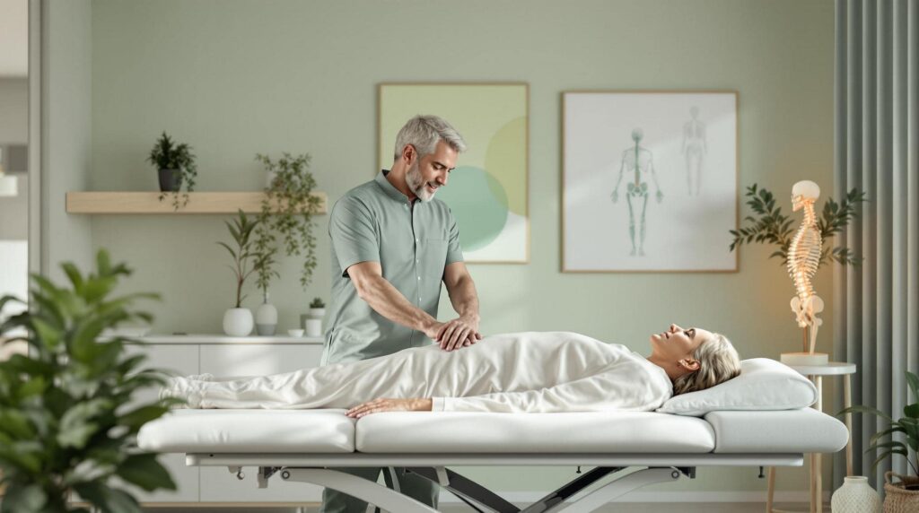 Smiling chiropractor performing a spinal adjustment on a patient lying on a treatment table in a calming, modern clinic with anatomical charts and plants.