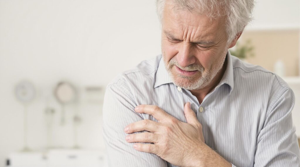 Elderly man experiencing shoulder pain, possibly due to frozen shoulder. Gentle stretching and mobility exercises, such as pendulum swings and cross-body arm stretches, can help relieve stiffness and improve movement.