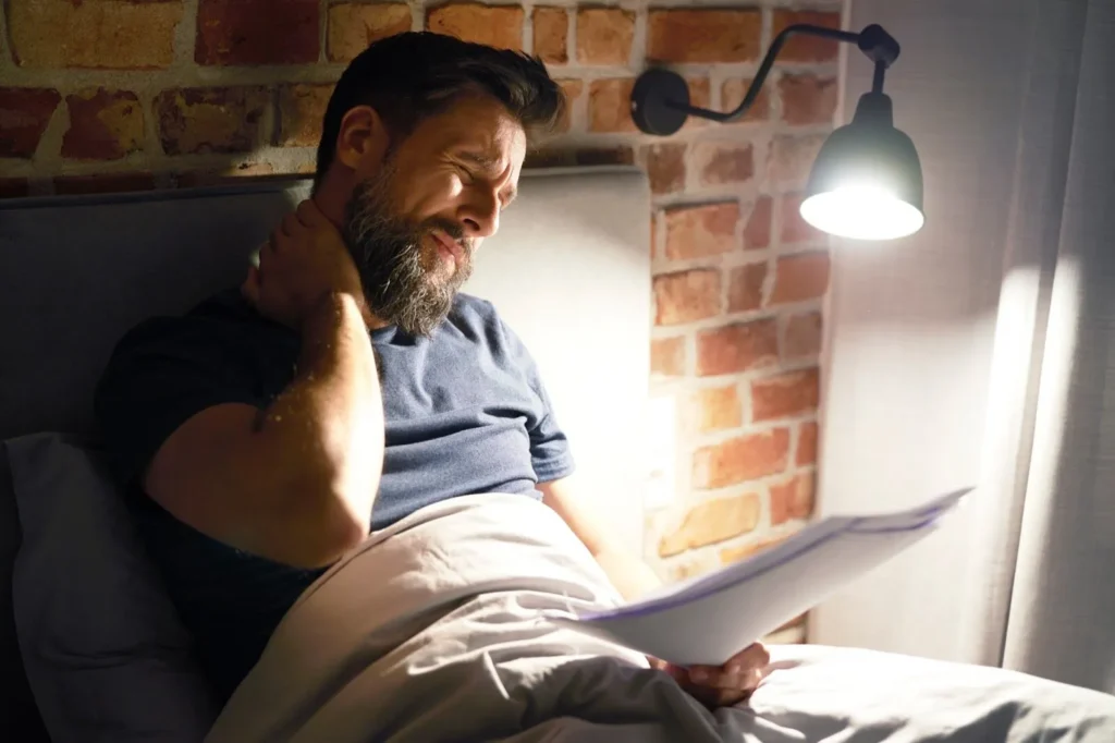 A bearded man in bed wincing in pain while holding his neck, struggling with discomfort while reading a document under a bedside lamp.