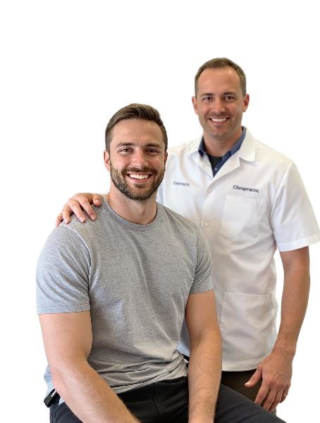 A smiling male patient sitting in a chiropractic clinic with a friendly chiropractor in a white coat standing behind him, showcasing a positive patient experience.