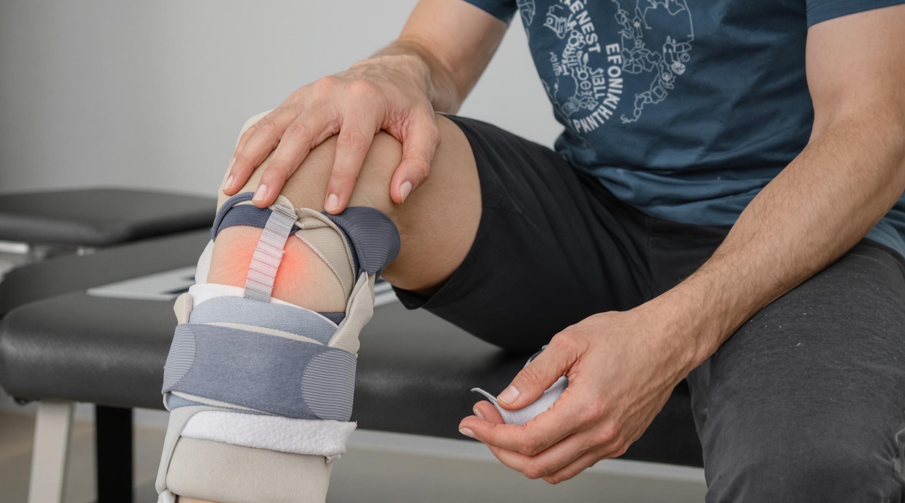 A man with a knee brace and ankle support sitting on a medical bench, holding his injured knee. Knee injuries and ankle injuries often require bracing, physical therapy, and rehabilitation exercises for proper recovery.