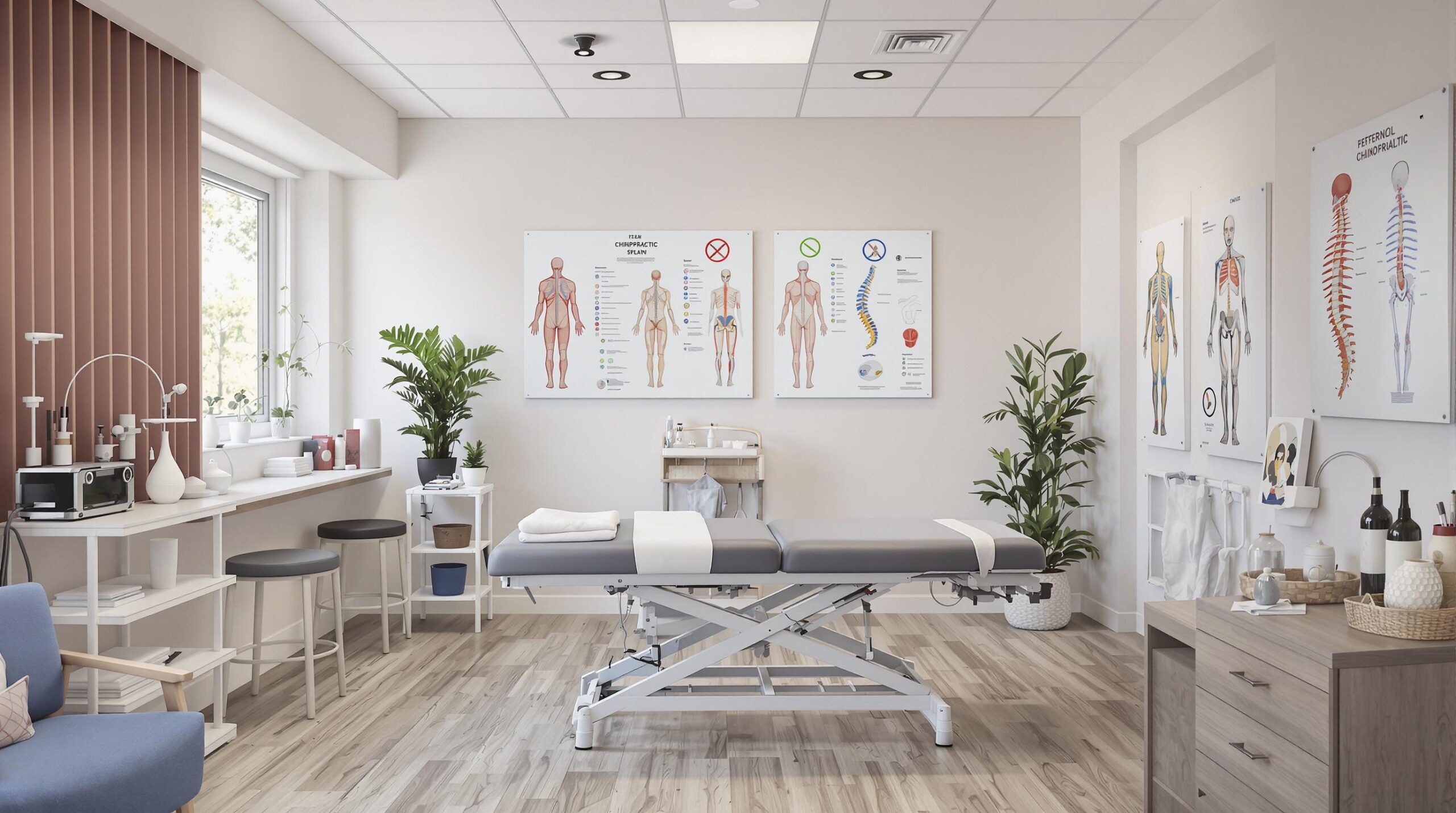 Bright and stylish chiropractic therapy room with anatomical charts, an adjustable treatment table, and cozy decor elements.