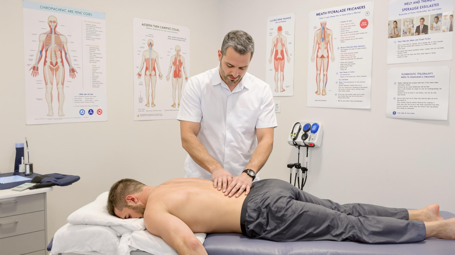 A medical chiropractor performing a spinal adjustment on a male patient lying face down in a clinical setting. Chiropractic care helps relieve back pain, improve mobility, and support overall musculoskeletal health.