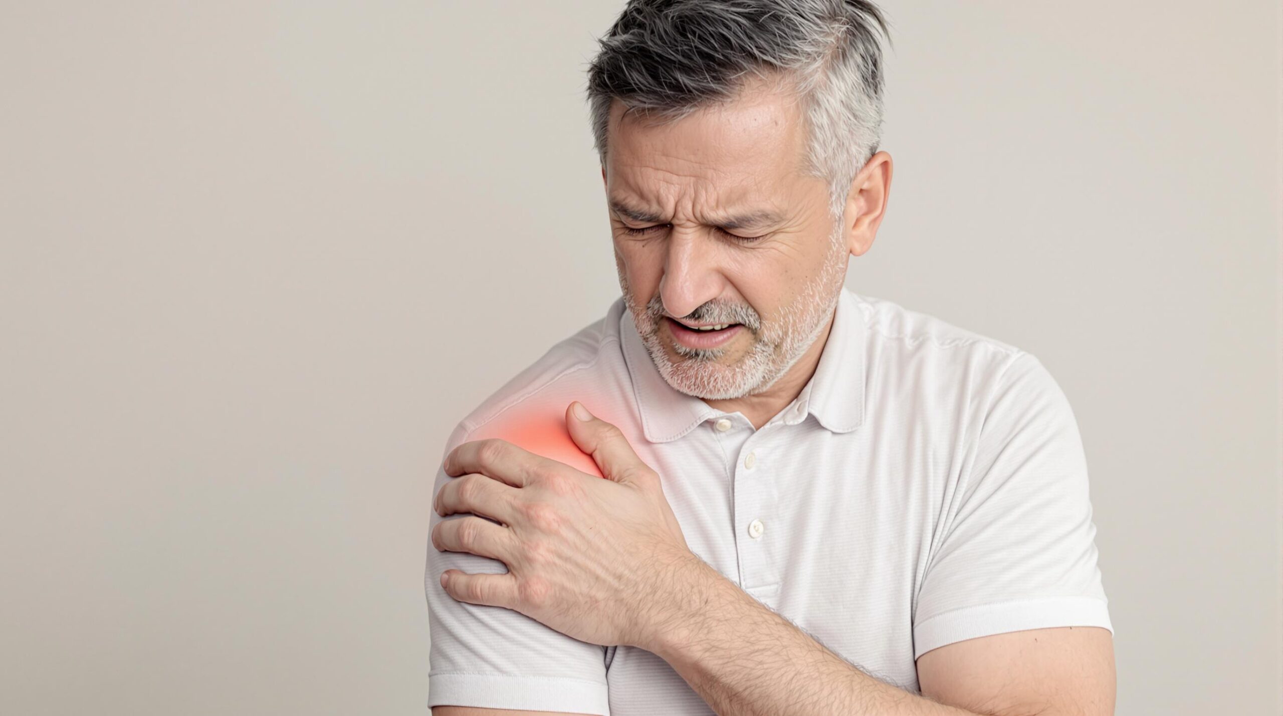 Older man in a white polo shirt grimacing in pain while holding his shoulder, with a red glow indicating discomfort or inflammation.