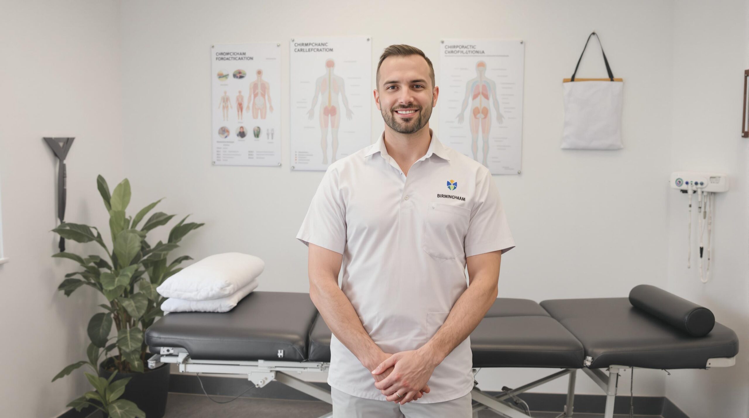 A professional chiropractor at Upright Body Renewal in Birmingham stands in a modern clinic, providing expert spinal care and wellness treatments.