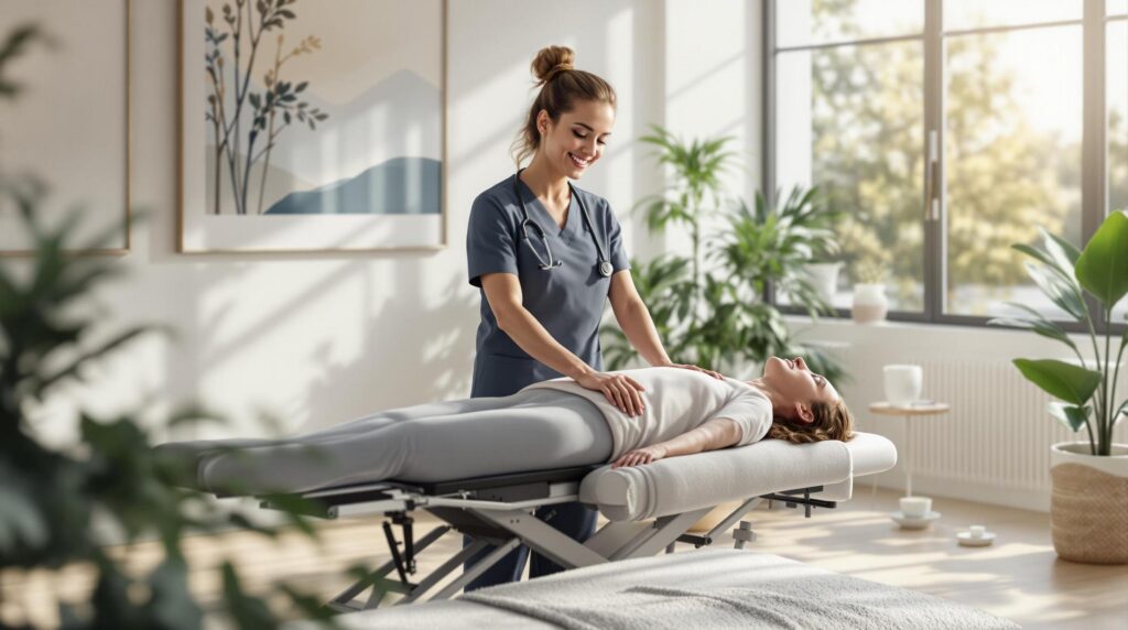 A chiropractor at Upright Body Renewal performs an adjustment in a bright, tranquil clinic with natural light, greenery, and modern decor for a relaxing healing experience.