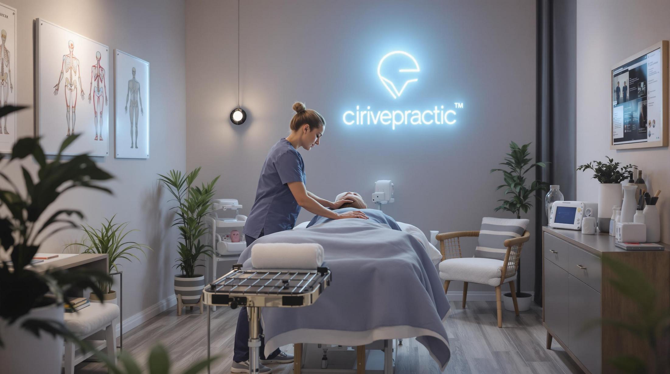 A therapist at Upright Body Renewal provides a chiropractic adjustment in a modern, calming clinic with anatomical charts, plants, and advanced medical equipment.