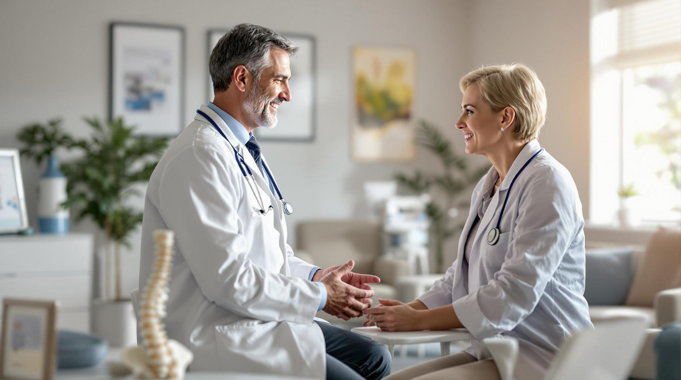 Two doctors at Upright Body Renewal discuss disc herniation treatment in a modern, professional clinic, emphasizing expert care and personalized treatment plans.
